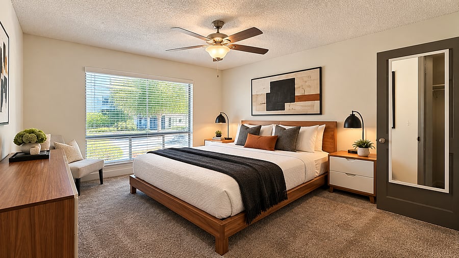 Bright and inviting secondary bedroom with comfortable furnishings, ample storage, and plenty of natural light-ideal for guests, family, or an extended stay.