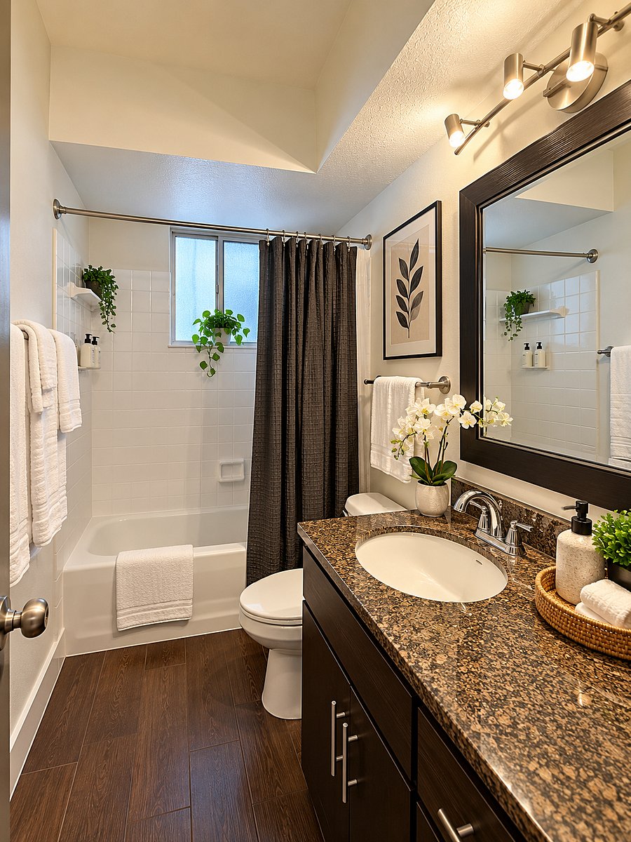 Private ensuite bathroom featuring classic white tile, a tub/shower combination, vanity, and fresh linens for a clean and comfortable retreat.