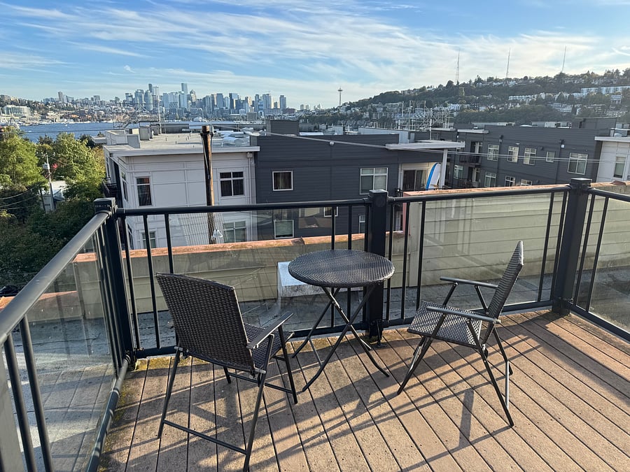 Rooftop deck overlooking Lake Union, Downtown Seattle, and Queen Anne