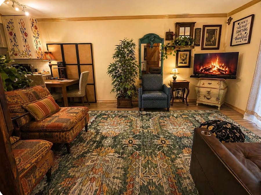 View from the Bedroom: A warm, eclectic living space with cozy seating (two chair beds), colorful decor, and a DIGITAL fireplace on the TV for a relaxing atmosphere