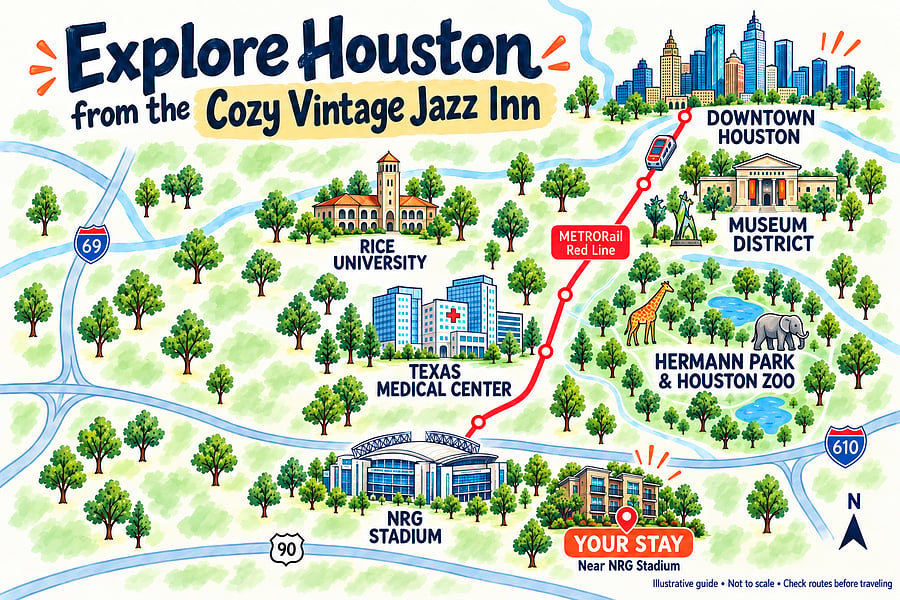 This illustrated map is for orientation only; please check a navigation app for routes and travel times.
