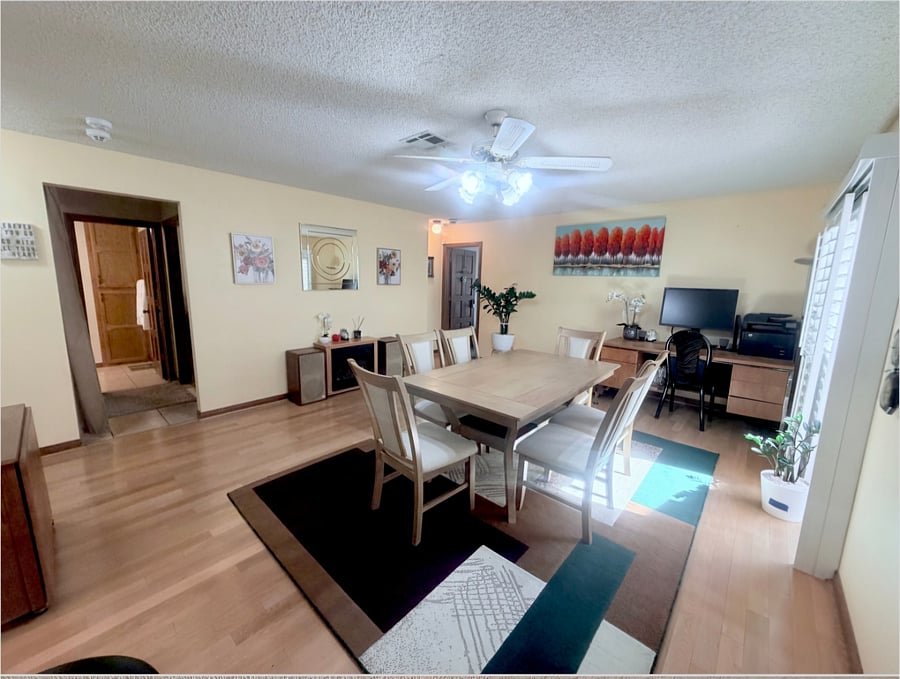 Dedicated dinning area that doubles as a quiet workspace, complete with an office desk, printer, high-speed Wi-Fi access, bright natural lighting. Spacious dining room with 6 chairs and table