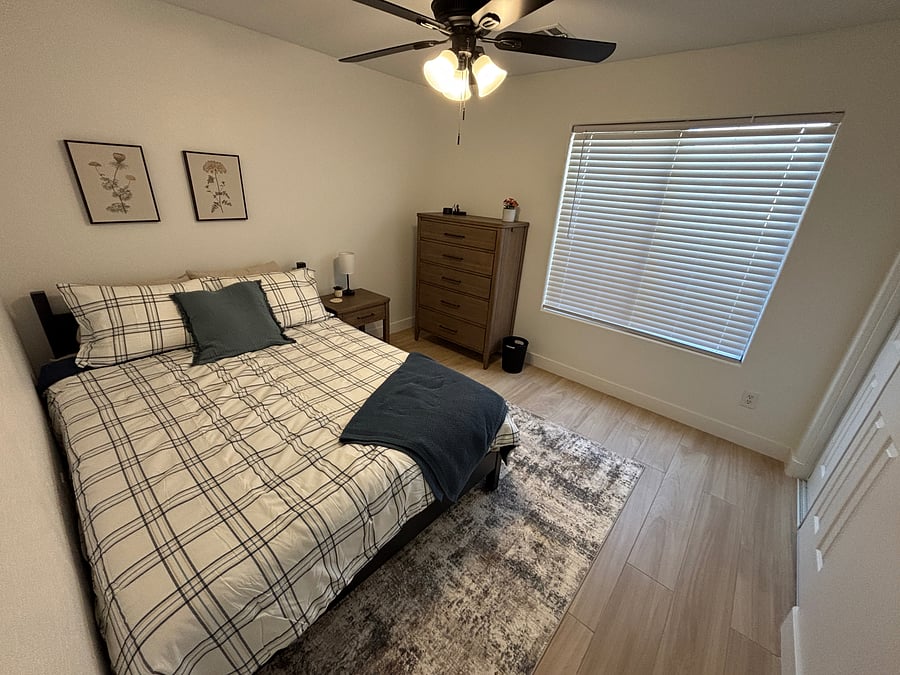 Bedroom 3 has queen bed, smart tv, dressers, closet and all the quality bedding of home