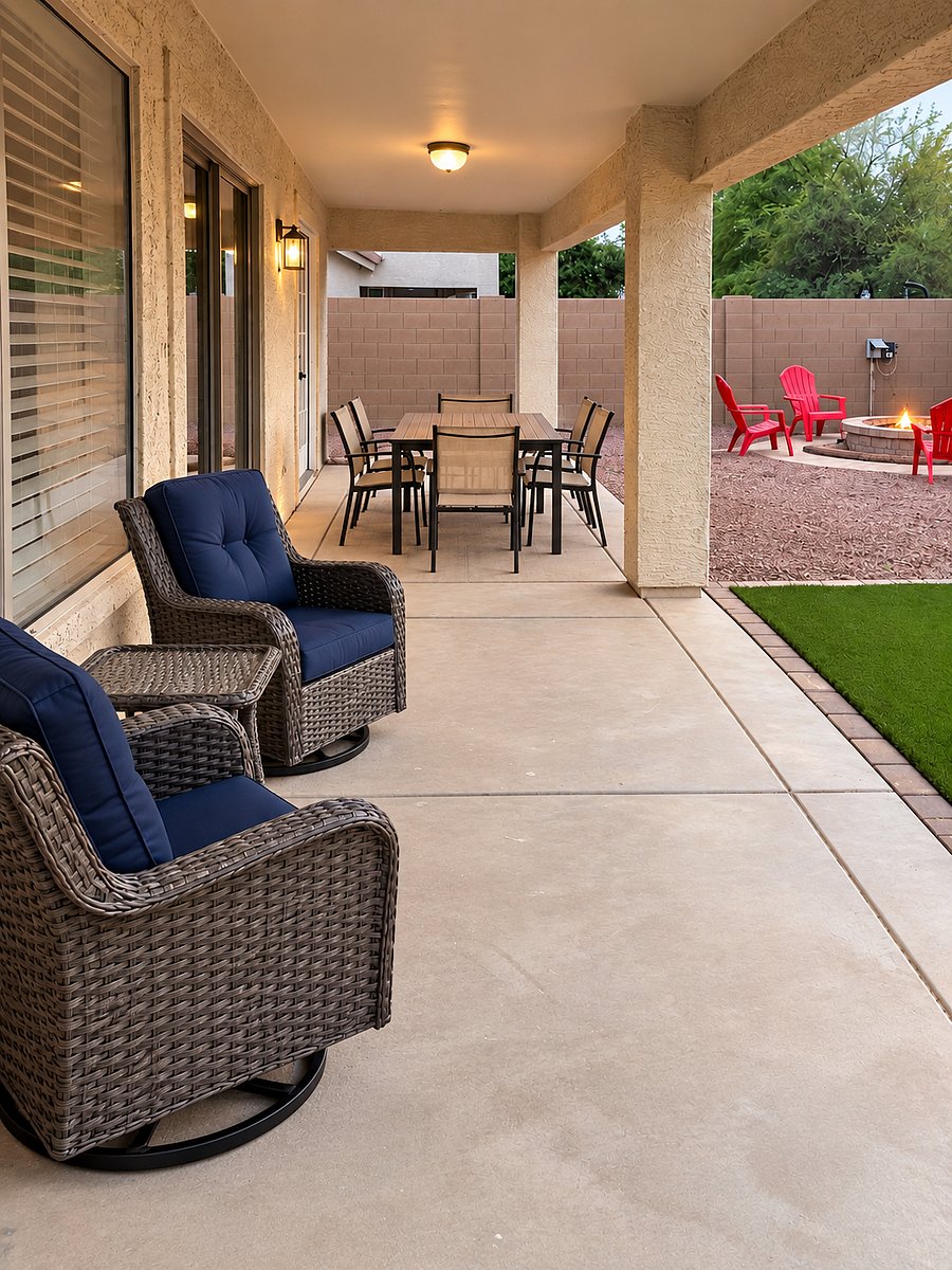 Large, private, fenced backyard has fire pit, grassy area, covered patio with comfy seating and dining table, BBQ area and plenty of room for play!