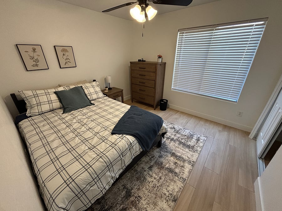 Bedroom 3 has queen bed, smart tv, dressers, closet and all the quality bedding of home