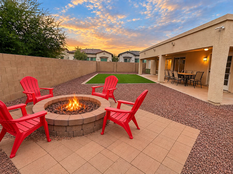 Large, private, fenced backyard has fire pit, grassy area, covered patio with comfy seating and dining table, BBQ area and plenty of room for play!
