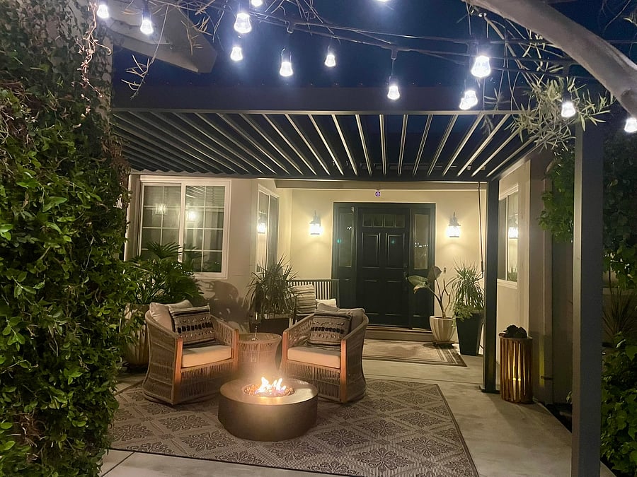 Your own cozy outdoor retreat - perfect for unwinding by the fire with a glass of wine, cup of tea, or a good book under the string lights.