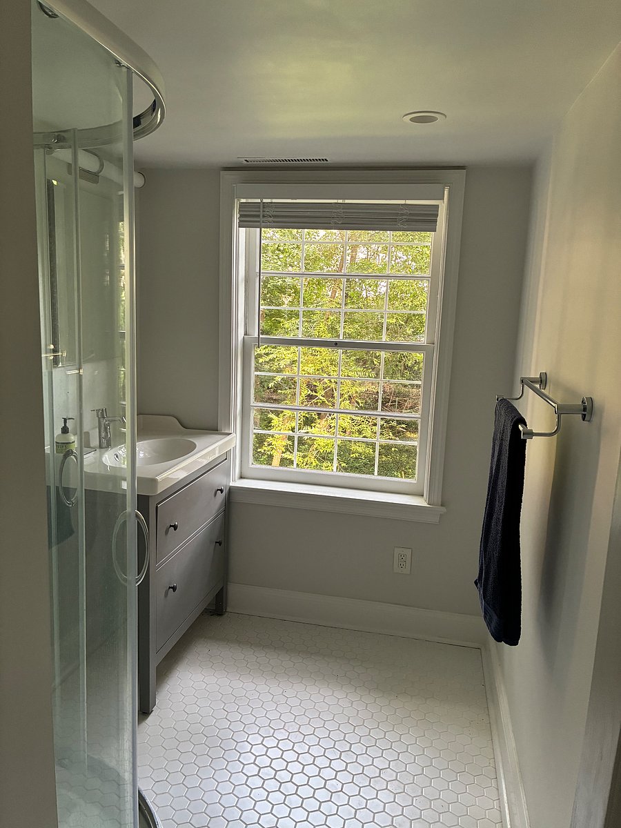 Windowed bathroom with rain head shower. Newly renovated.