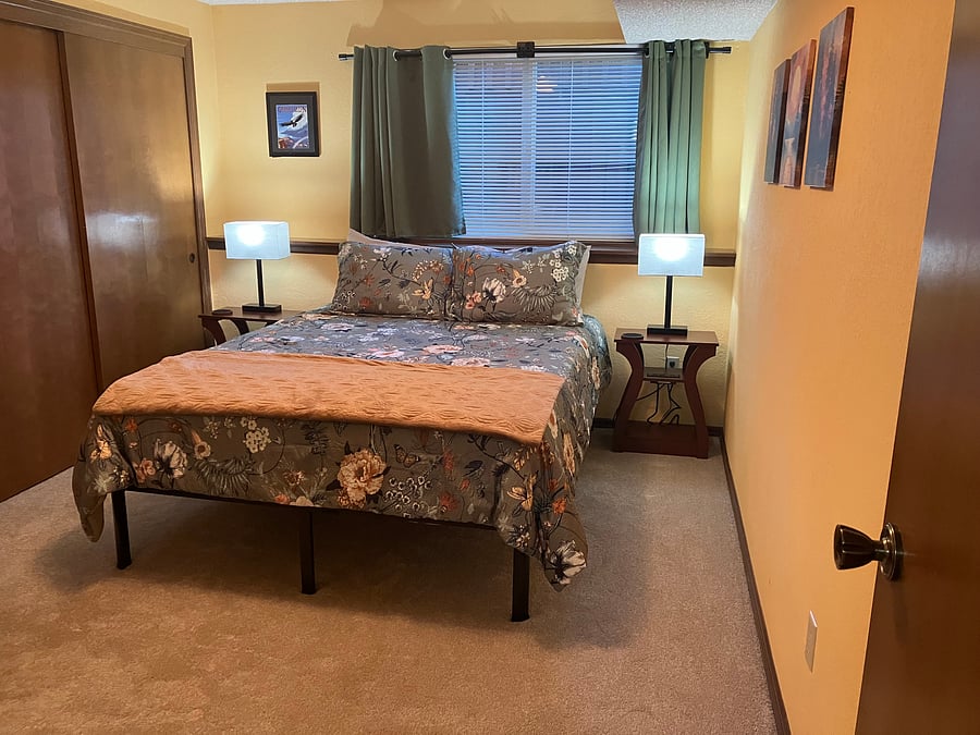 downstairs bedroom queen bed dresser and closets