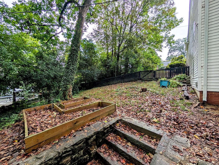 Main level back yard with little garden space.