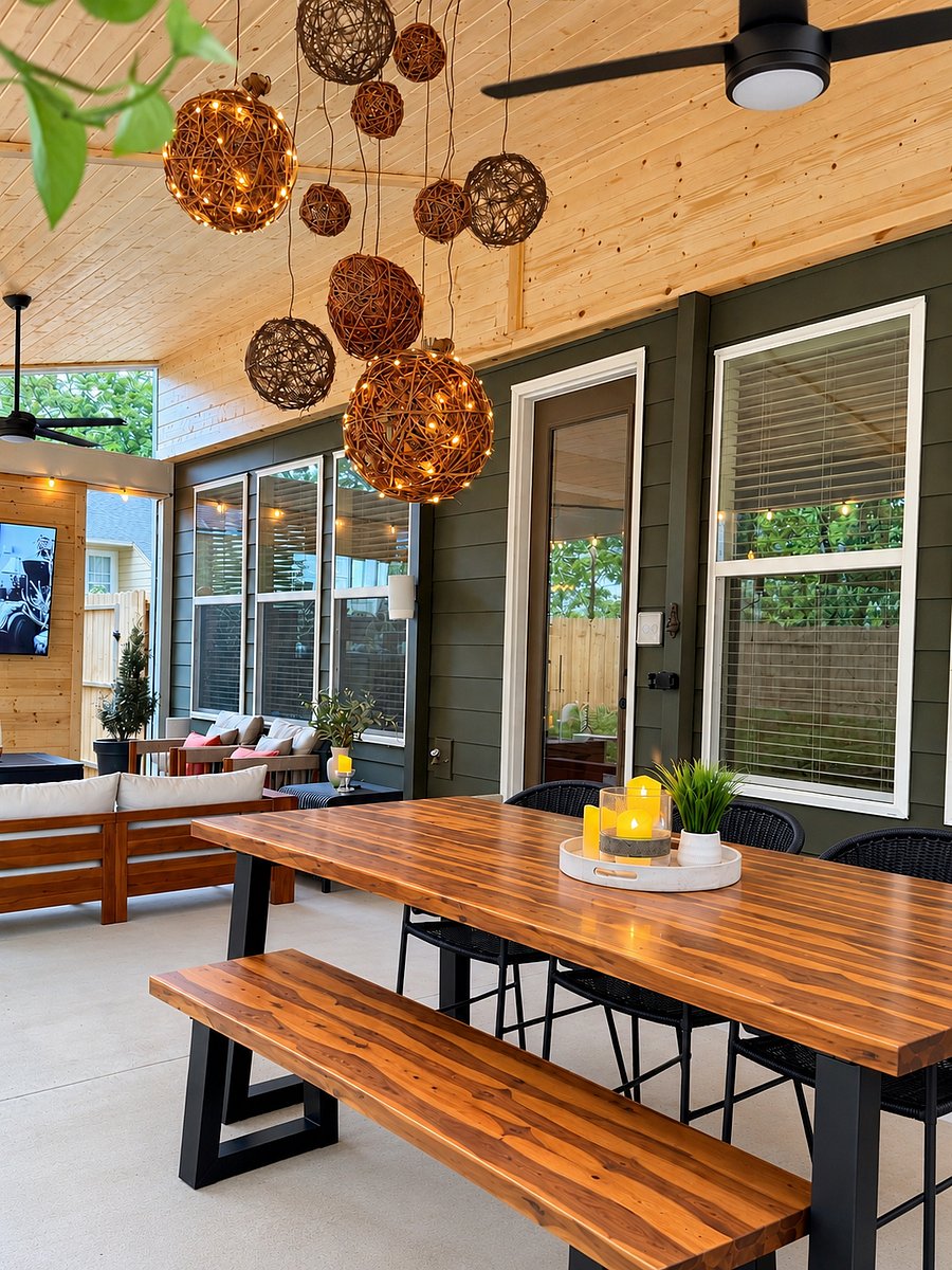 Covered patio with outdoor dining and lounge space and tv
