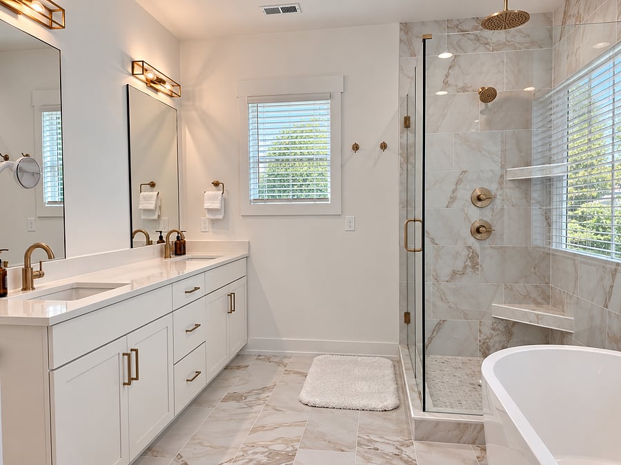 Primary bath with dual vanity, walk-in shower & soaking tub