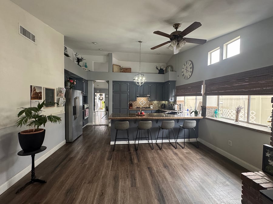 Spacious kitchen: large counter space, oven, and range. Refrigerator and freezer space available, if needed. Coffee maker, blender, mixer, toaster and air fryer available for use.