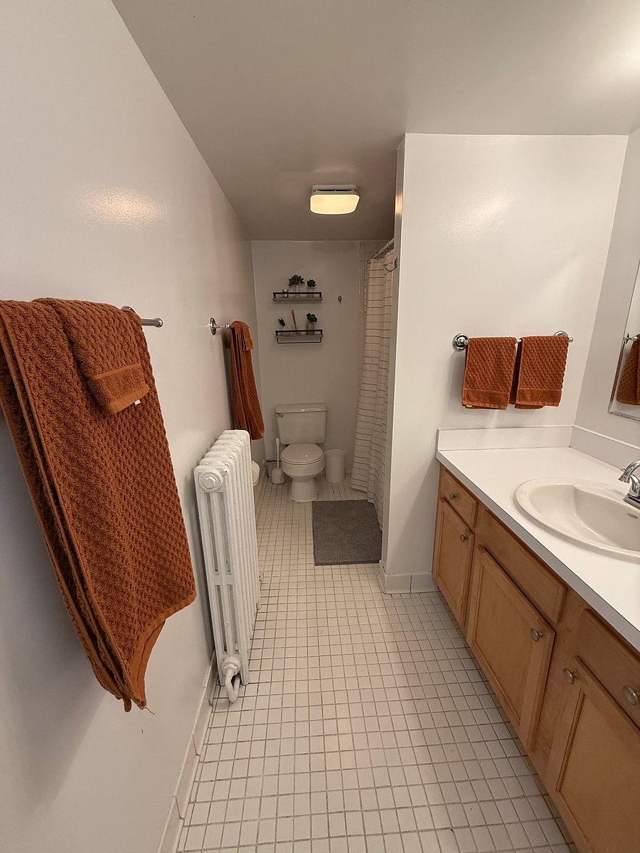 Bathroom includes ample storage space, bathtub, and all the basics (towels, shampoo, conditioner, body wash, toilet paper, hand soap, hairdryer). Stackable washer and dryer.