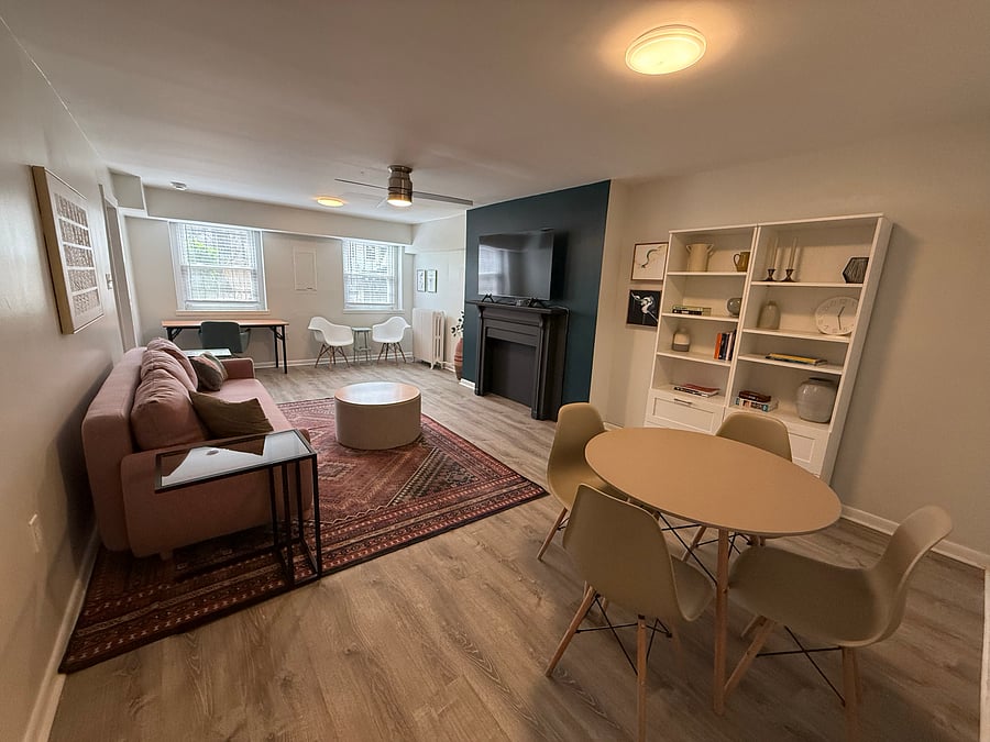 Open floor plan includes dining space for four