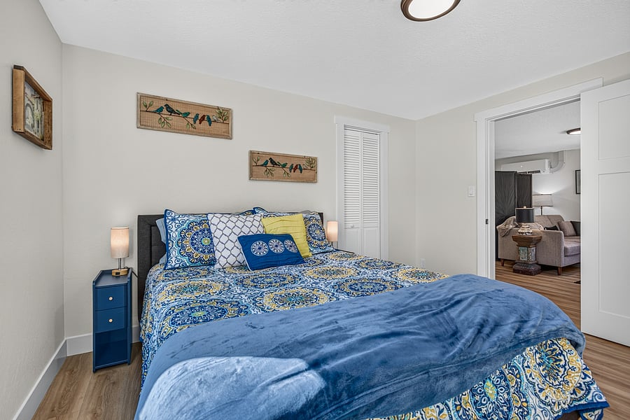 Queen bed with new Nectar Premier Memory Foam Mattress, bamboo linens, custom room-darkening shades, and roomy closet.