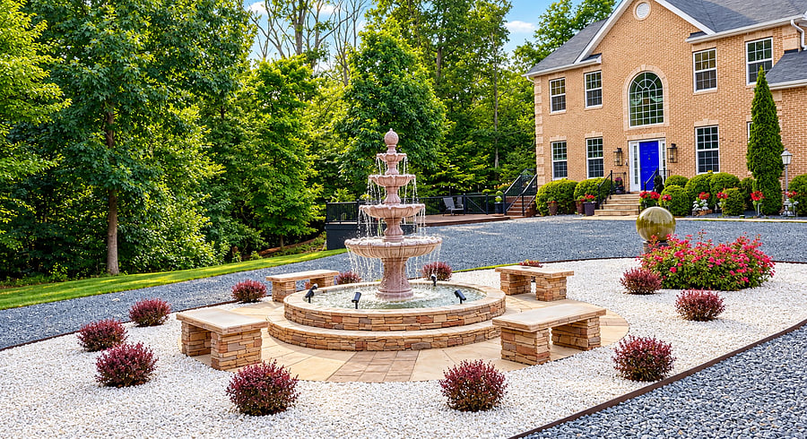 A graceful tiered fountain forms the centerpiece of a thoughtfully landscaped courtyard, framed by flowering plants and stone seating. The flowing water and balanced garden design create a memorable welcome with the charm of a country estate.