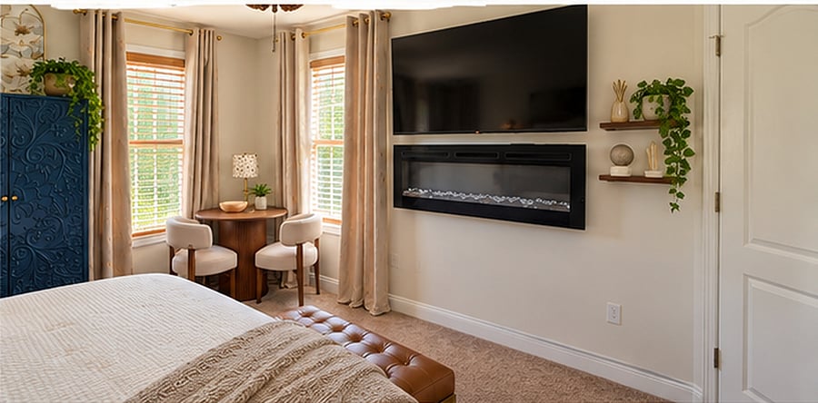A 55 inch smart TV provides every entertainment amenity atop a huge wall mounted fireplace.
A corner table is an excellent place to work, dine read a book or relax.