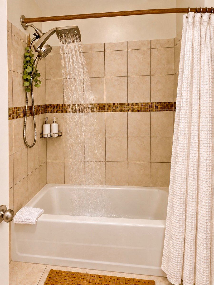 The private bath features a rain shower, sparkling tiles and pristine white towels!