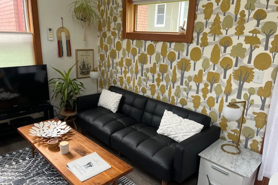 Sofa folds down to sleep one. Windows provide lots of natural light. Locally designed wallpaper