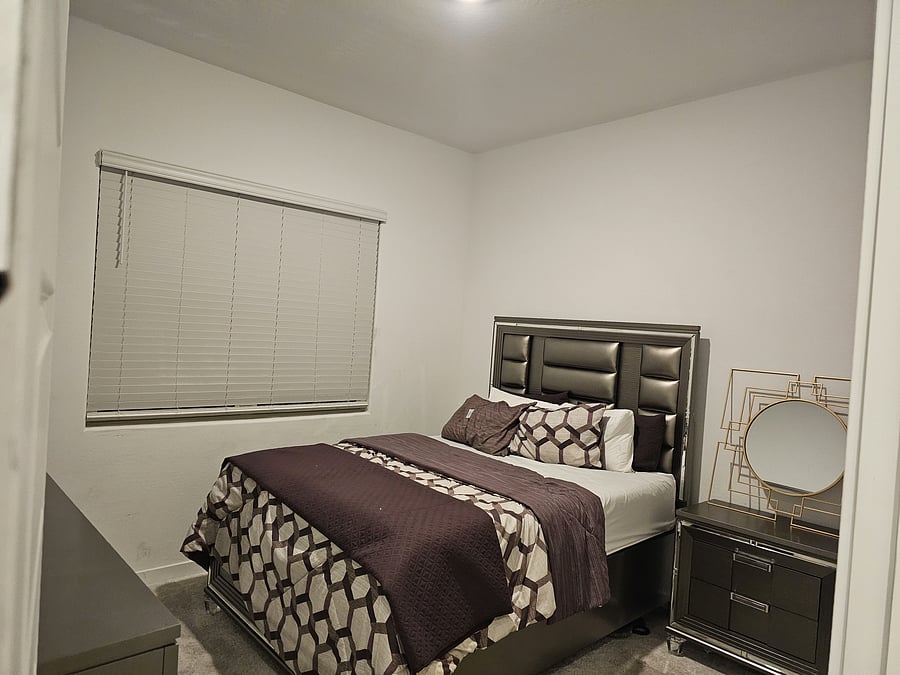 Comfortable queen bed with night light