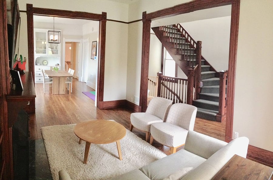 Living room with view into the dining room