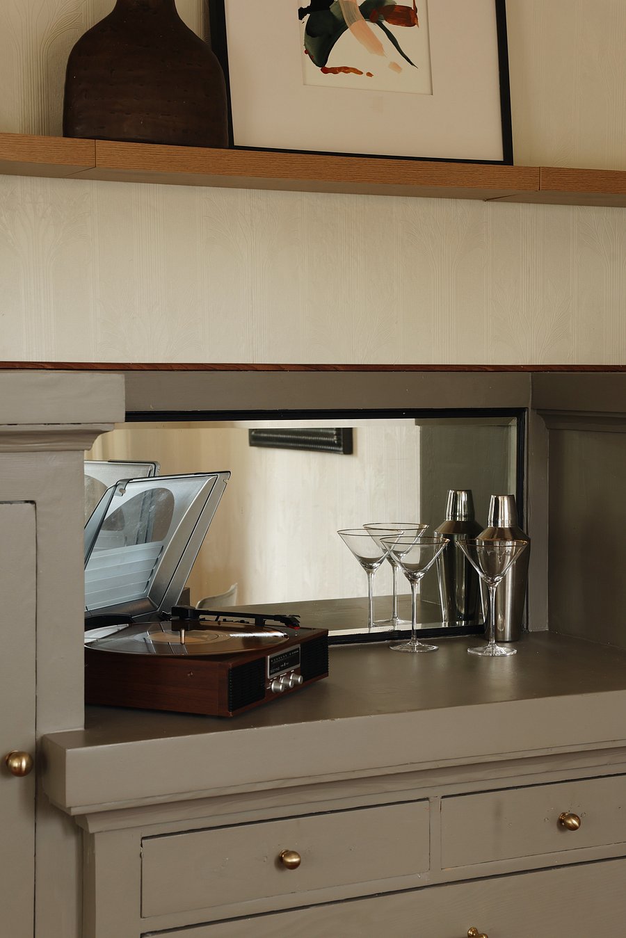 Dining room bar and record player.