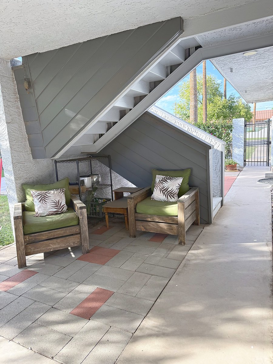 Shaded front patio seating