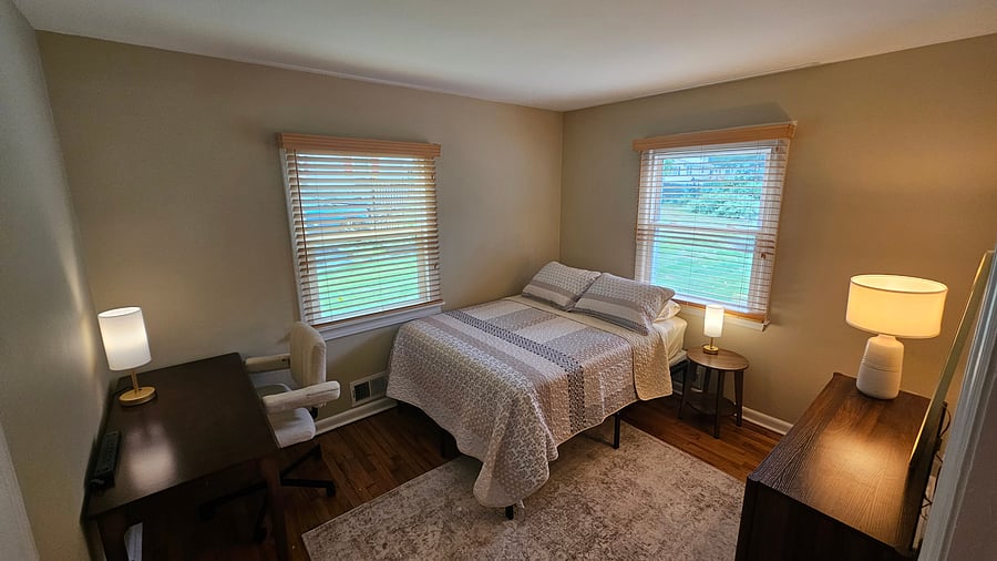 Private room with full size bed, dedicated workspace and dresser. Full closet with hangers and laundry basket. New towels and bed linens provided.