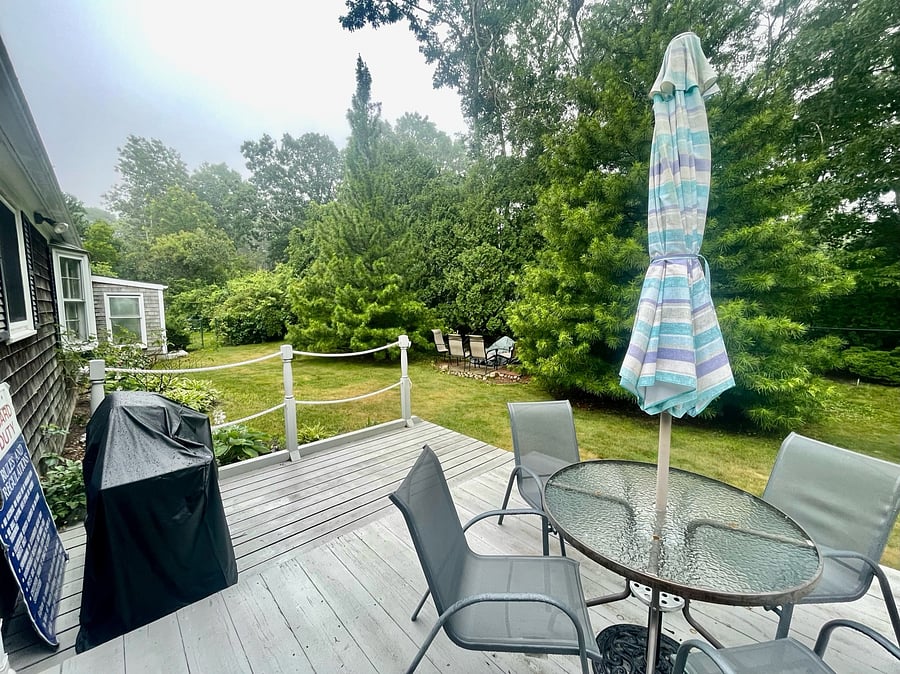 Backyard and deck and grill! Fully fenced in and very secluded with trees.