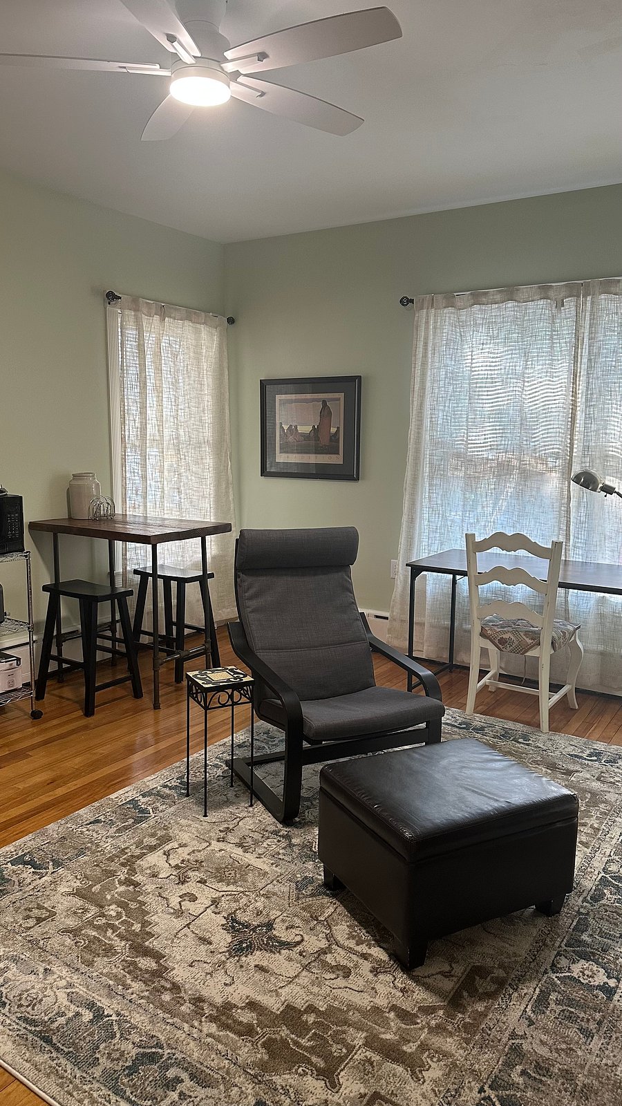 Please note: the Poang chair in this picture has been replaced with a leather recliner. Even comfier!