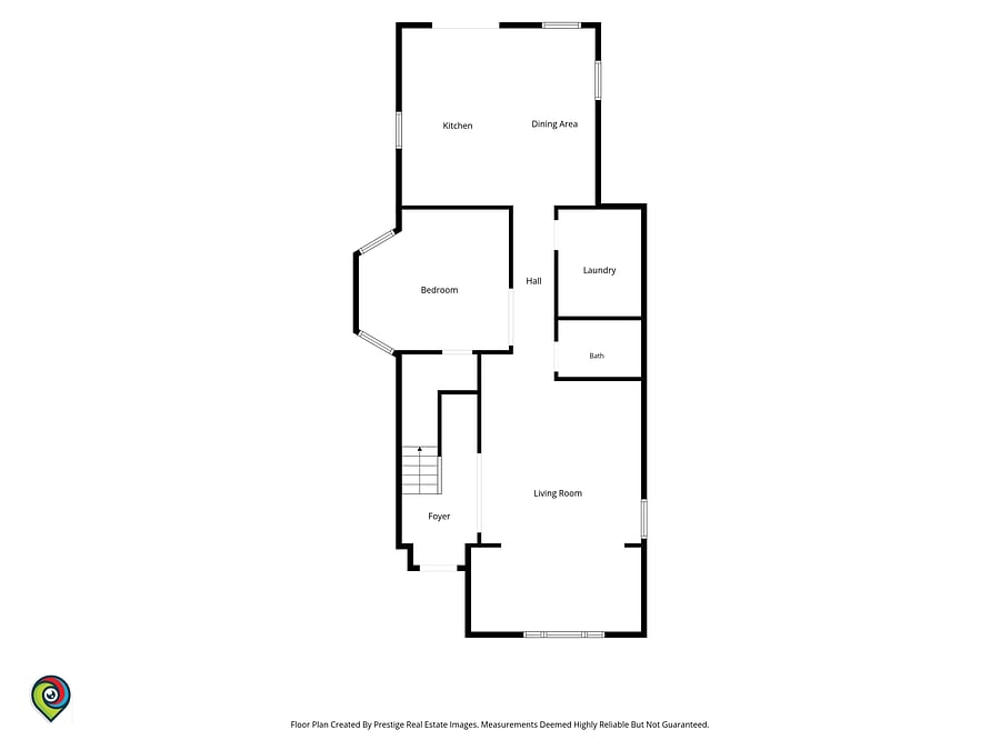 1BR floor plan flowing from living room to bedroom, laundry, and rear kitchen/deck. Note: Main level is private; upper level is off-limits/inaccessible.