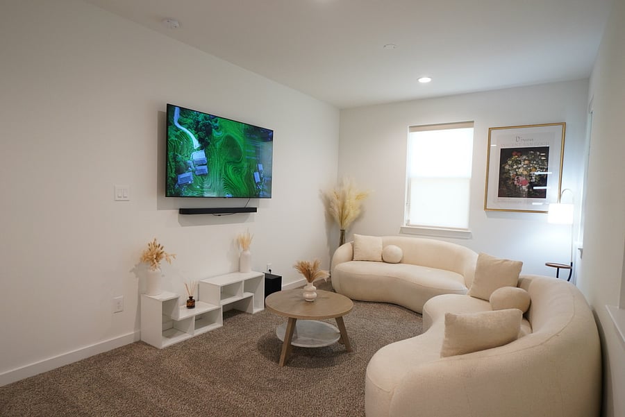 Two sofas and a coffee table: room to stretch out, not just a bedroom.