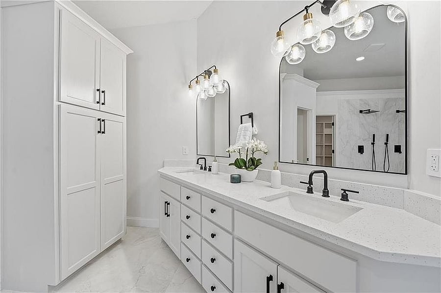 Primary bath dual vanity with linen cabinet