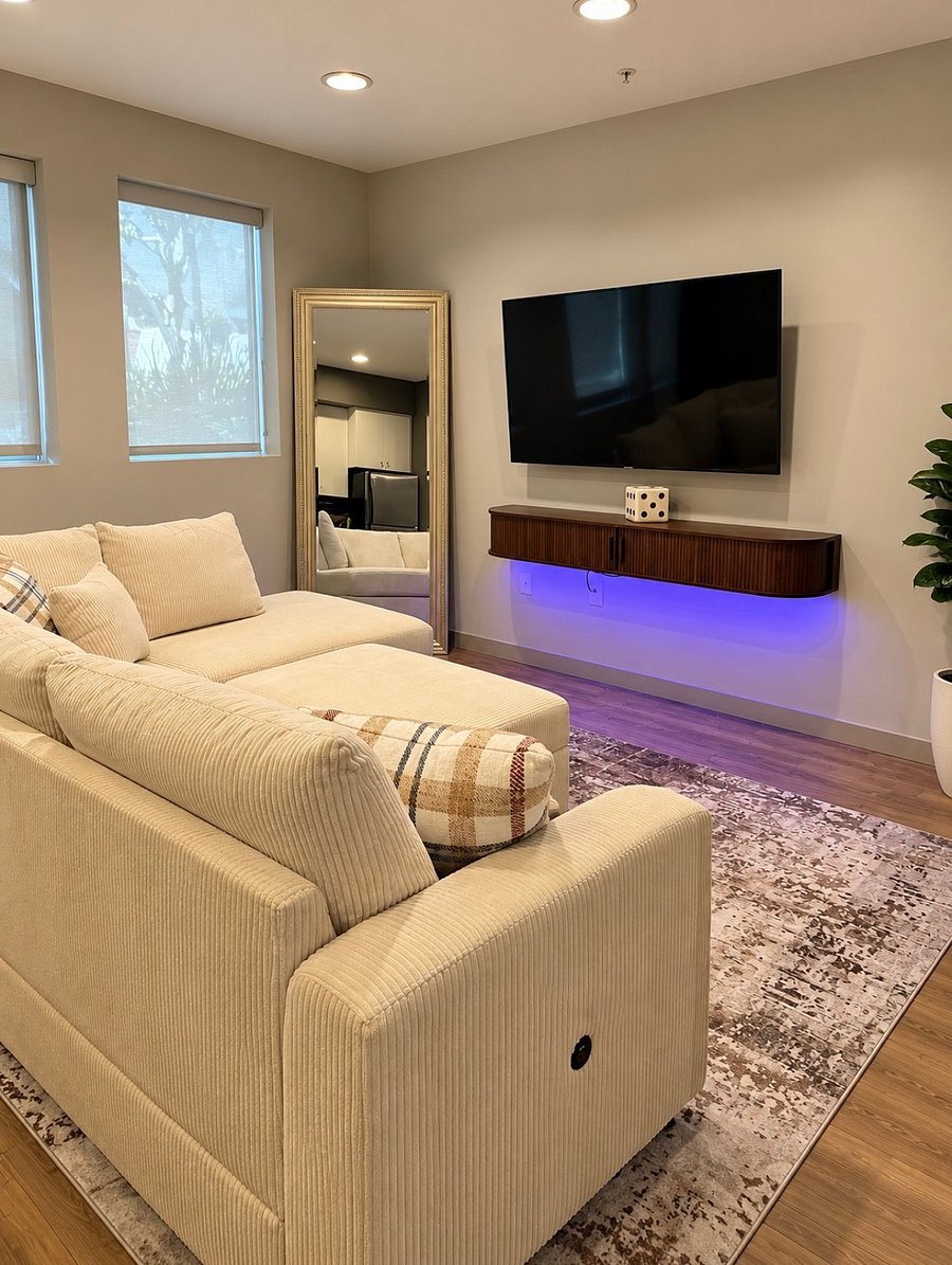 living room with 60' Samsung Tv & a full body mirror  