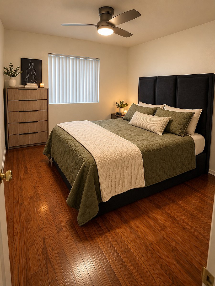 Queen bed with a tall dresser! Double closet included with built in drawers!
