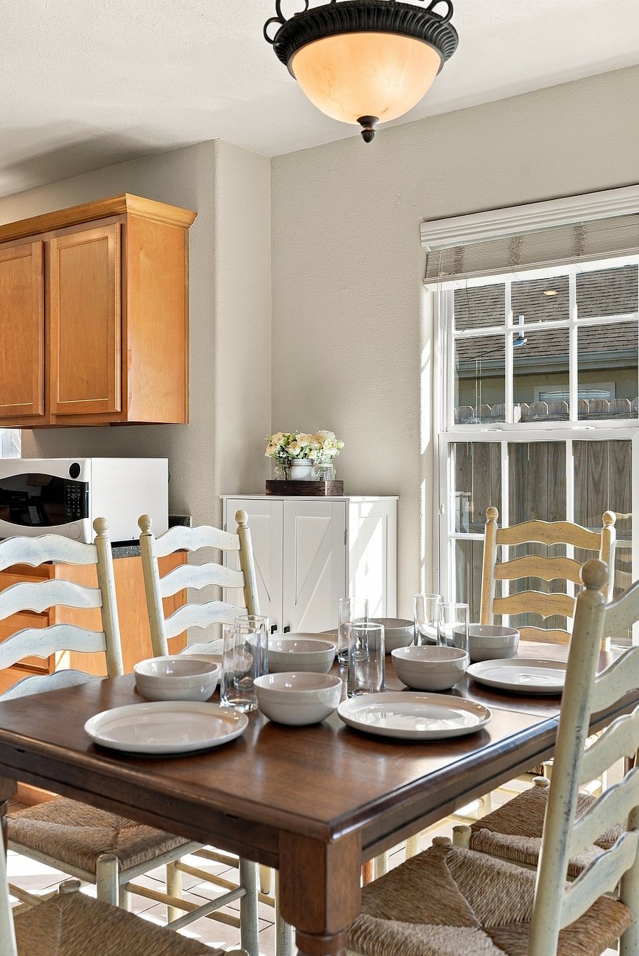 Dinnerware and glassware all provided.