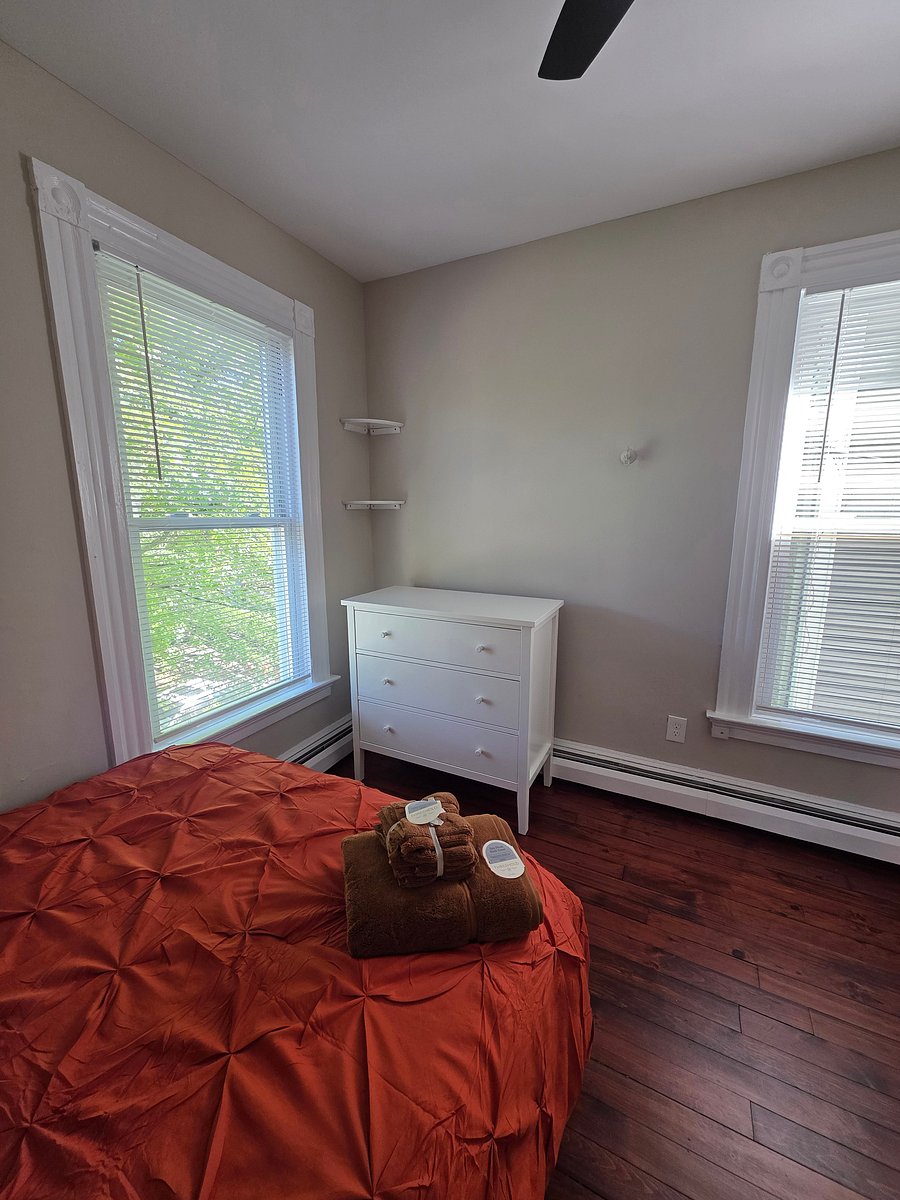 Dresser and both windows in the backyard overlooking bedroom.