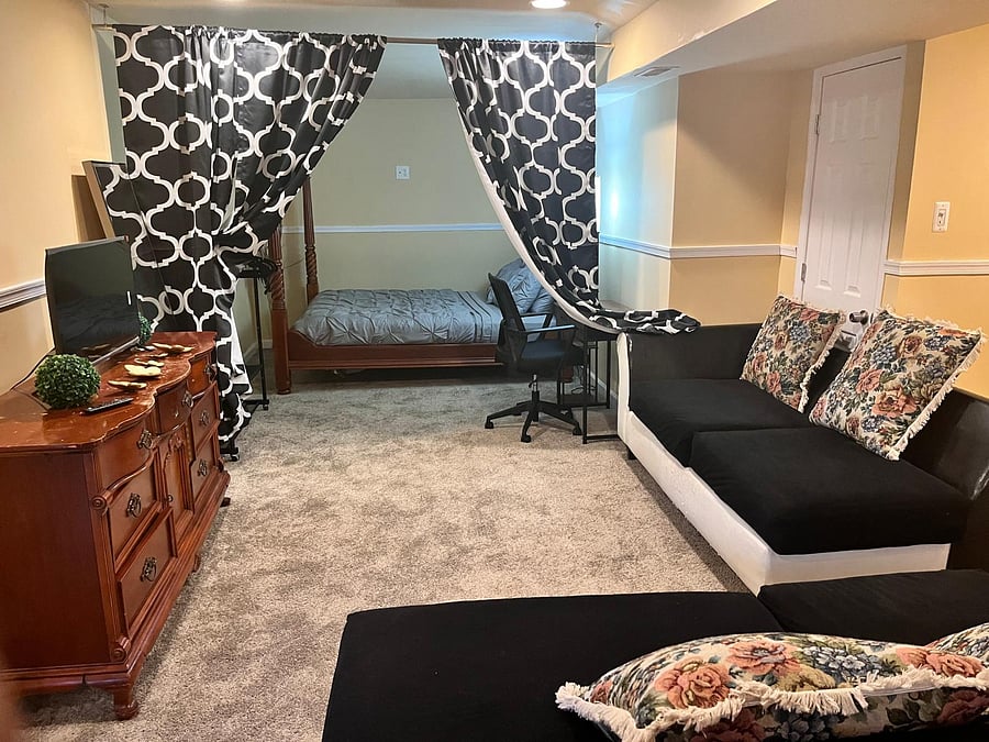 Self contained private basement with a seating area fully furnished for you.