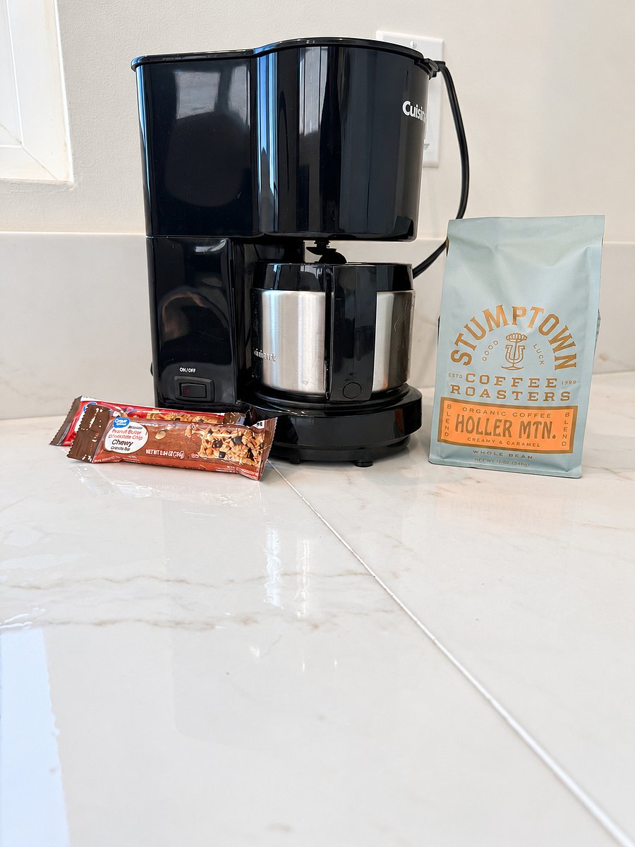 Fresh ground coffee with starter snacks upon arrival.