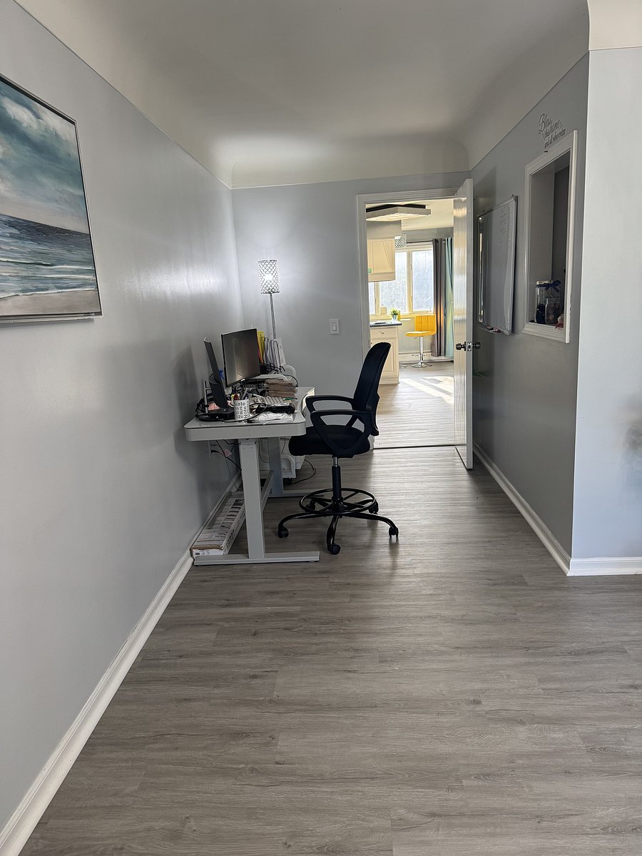 Office Nook with Adjustable Height Desk, Adjustable Chair, 1 Monitor, Printer and Whiteboard