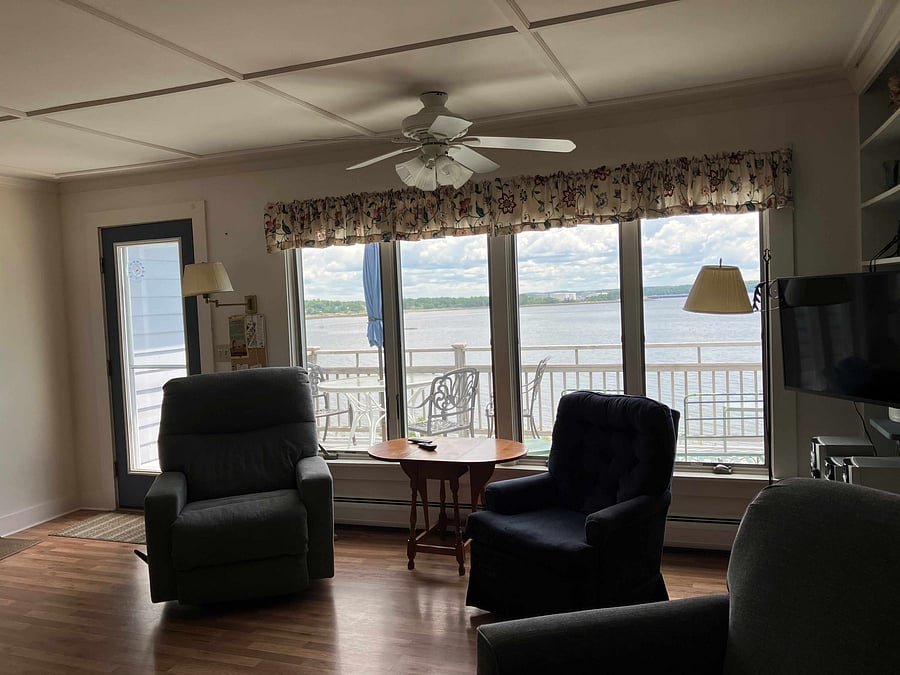 Water side of living room with wonderful view of the bay and Sears Island.