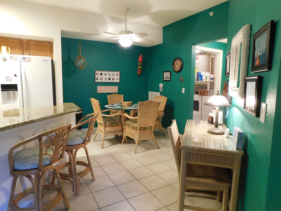 Dining area with desk and counter top bar