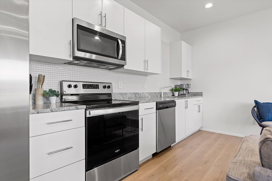 Kitchen with stainless steel appliances.