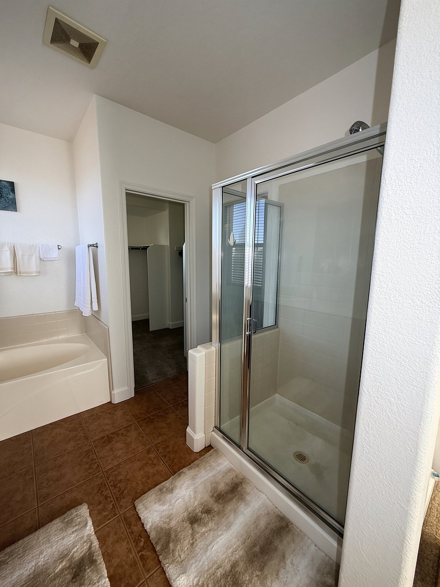 Primary suite shower, walkway to toilet and walk-in closet