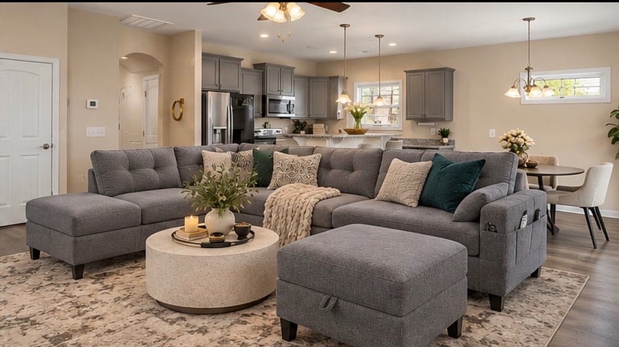 Virtually Staged: Photos are provided to illustrate the living room's layout and potential furniture arrangement. Actual furnishings may vary and will be in place prior to tenant move-in.