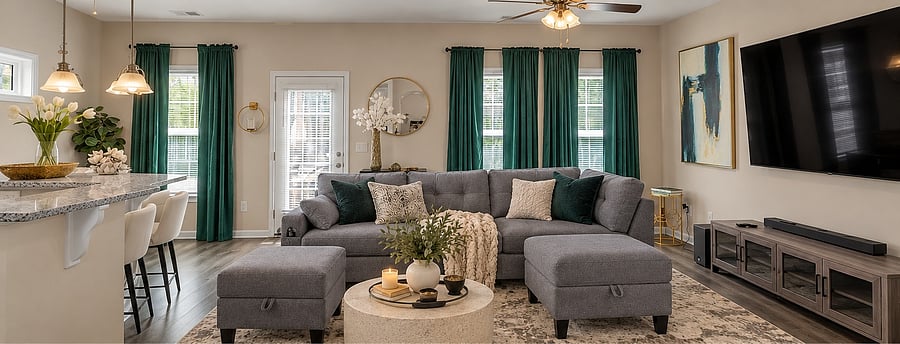 Virtually Staged: Photos are provided to illustrate the living room's layout and potential furniture arrangement. Actual furnishings may vary and will be in place prior to tenant move-in.