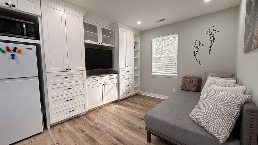 The fastest internet available for computers or tv. Cabinets also have garment poles in them for hanging your wardrobe items. Plenty of storage.
