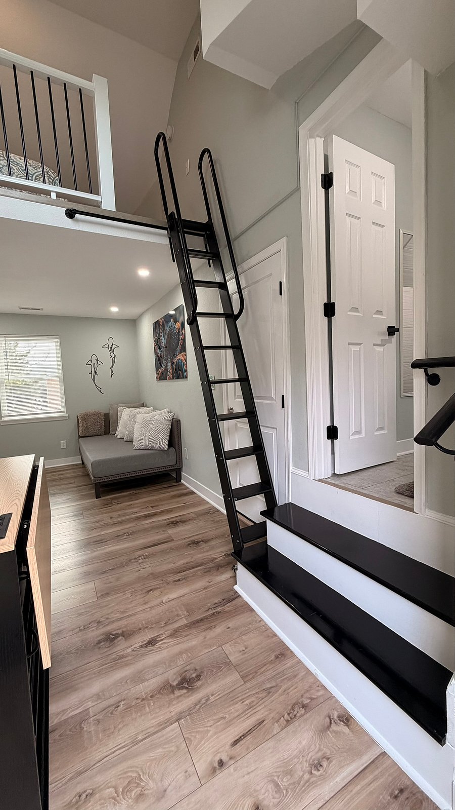 Bathroom entry is to the right. The ladder leads to the loft bed.