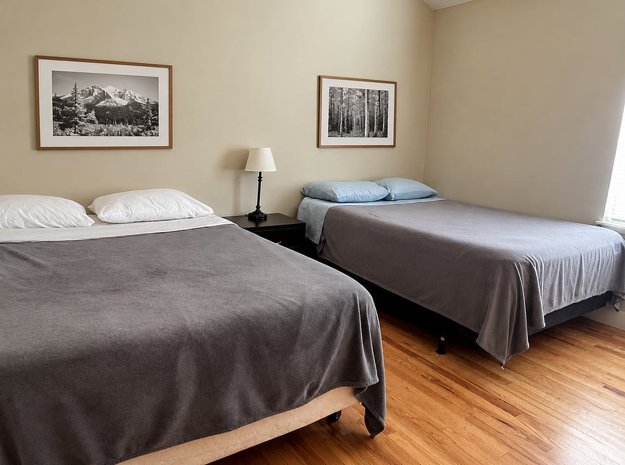 Office can remain an office. Or it can become a bedroom with one or two queen, double, or twin beds.
